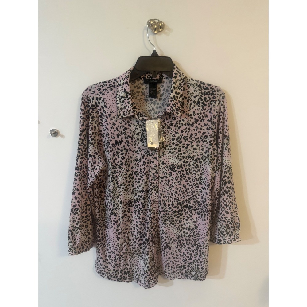 Grace The Perfect Fit Pink Leopard Print Button Down‎ Shirt 3/4 Sleeve NWT M